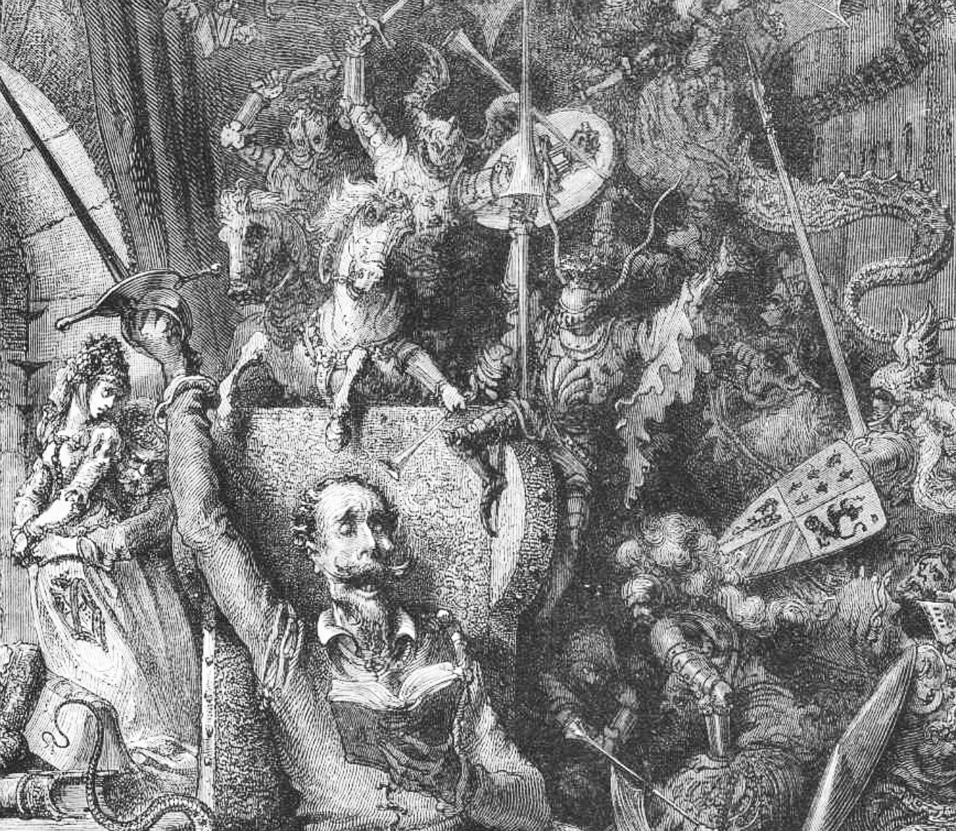 Historische Schwarz-Weiß-Illustration mit einem lesenden Mann und zahlreichen Rittern, Waffen und Wappenschildern.